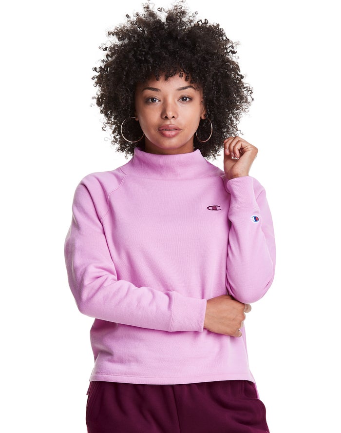 Champion Powerblend Fleece Mock Neck Embroidered Logo Kadın Sweatshirt Pembe ( VSOQIP759 )